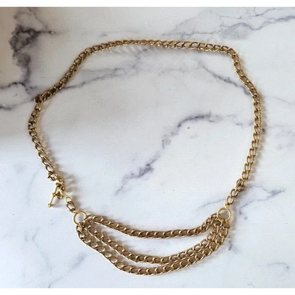 Vintage 80s Womens Chain Link Waist Belt Gold Tone Layered Adjustable Boho Swag - Picture 1 of 11